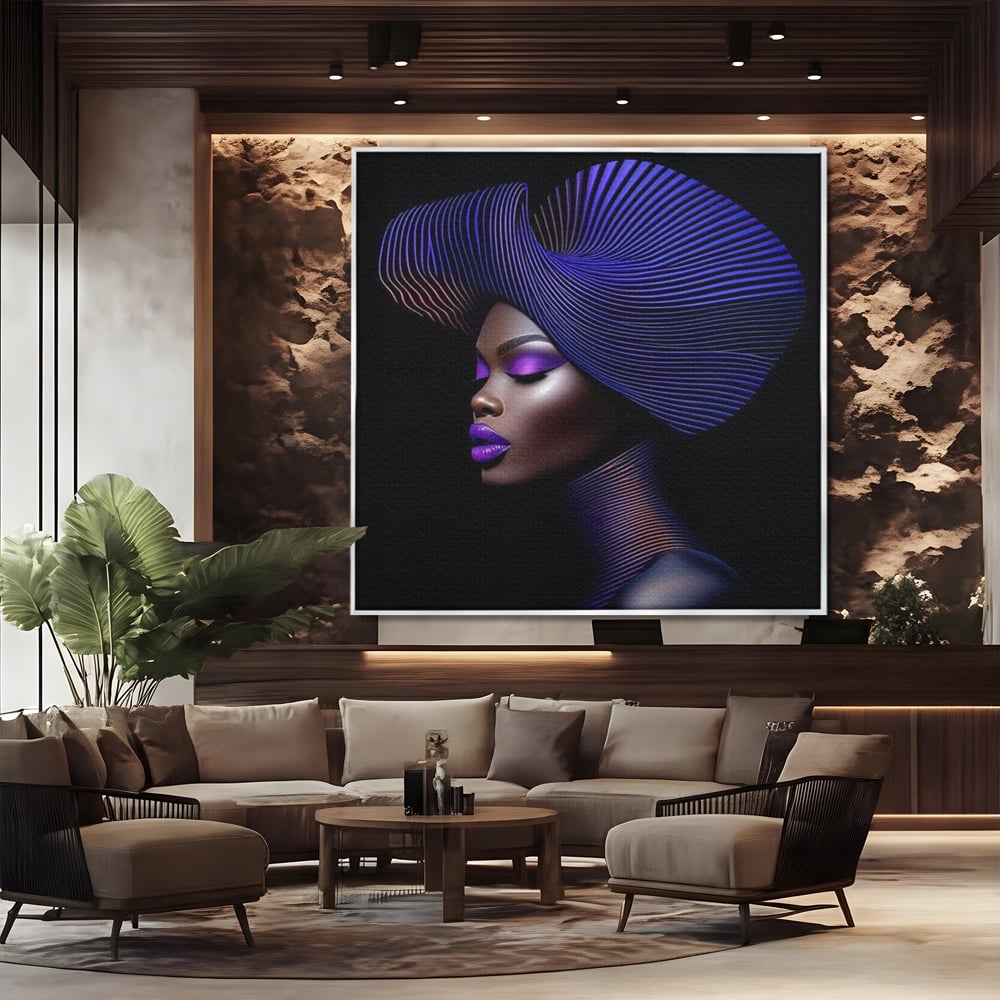 Tablou canvas cu portret digital de femeie cu fusta plisata, in rama de aluminiu argintiu, pe perete intr-un birou